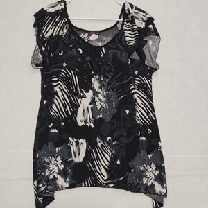 Agenda Women Black White Gray Floral Abstract Print Tunic Top Shirt ptp: 19.5"
